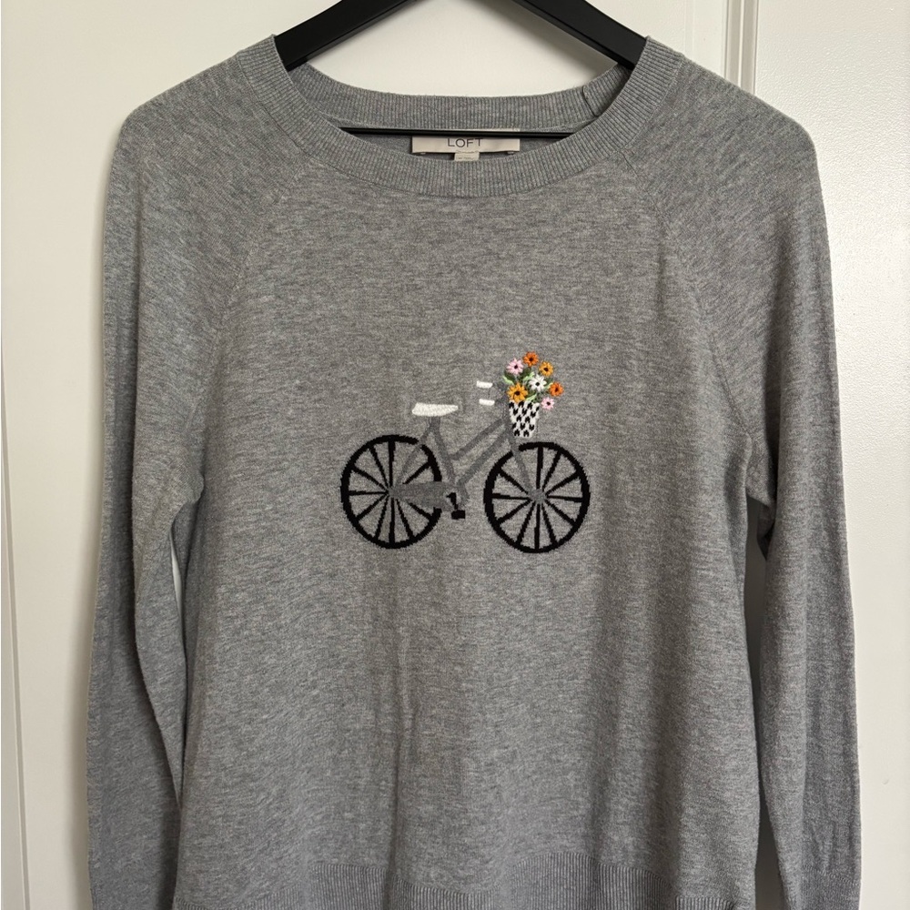 LOFT Gray Sweater with Bicycle and Floral Design